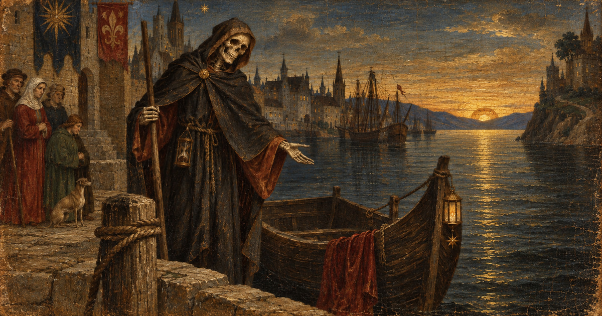 Death, depicted as a hooded medieval sailor, extends a hand beside a waiting boat at a twilight harbour