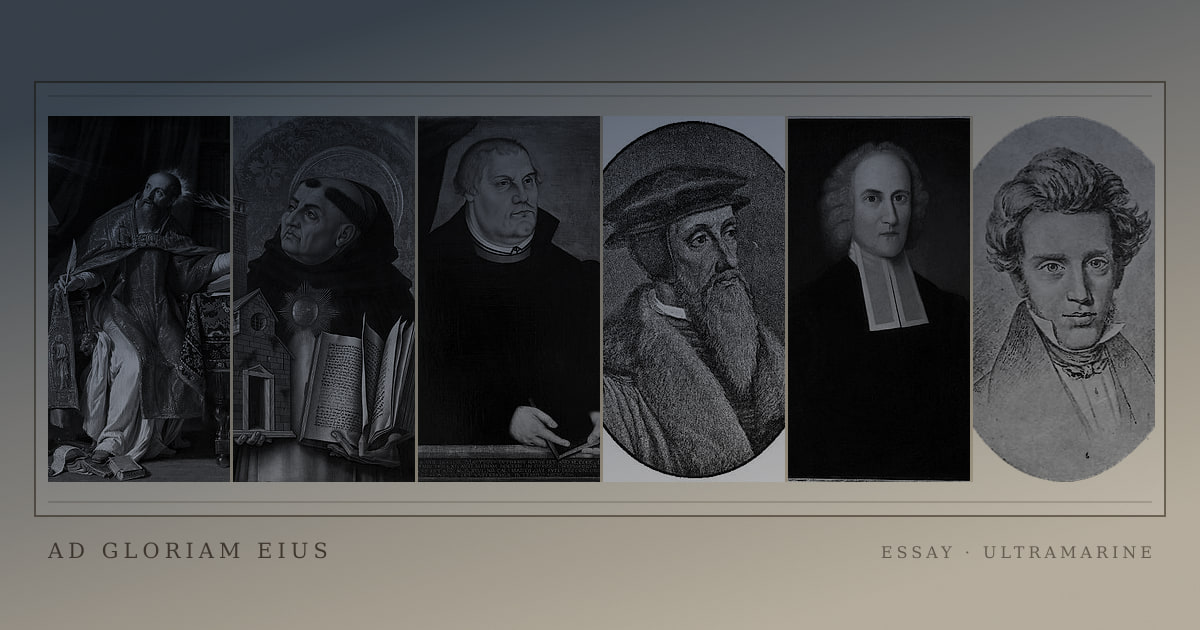 A gallery of historical theologians and philosophers printed in a coloured archival ink wash
