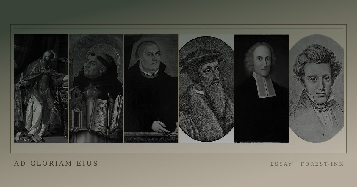 A gallery of historical theologians and philosophers printed in a coloured archival ink wash