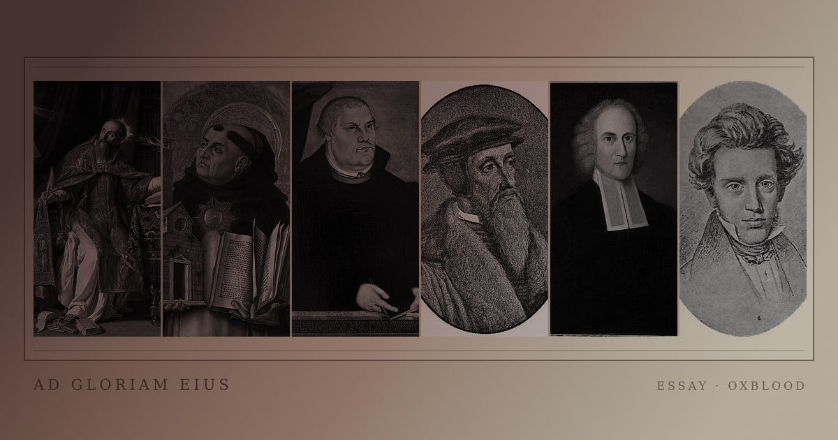 A gallery of historical theologians and philosophers printed in a coloured archival ink wash