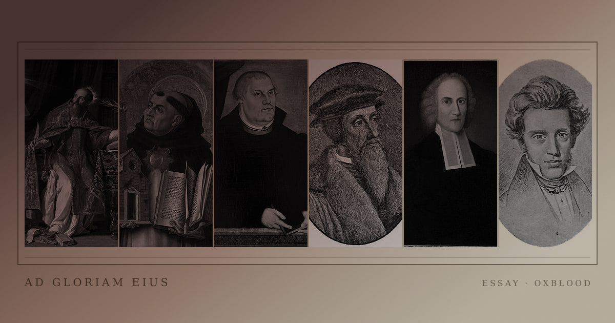 A gallery of historical theologians and philosophers printed in a coloured archival ink wash
