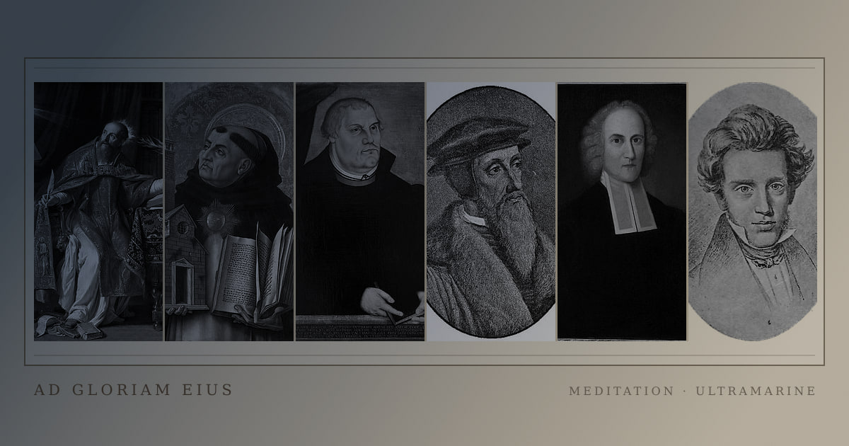 A gallery of historical theologians and philosophers printed in a coloured archival ink wash