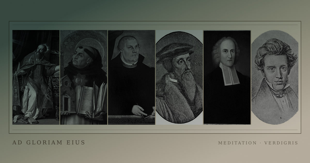 A gallery of historical theologians and philosophers printed in a coloured archival ink wash