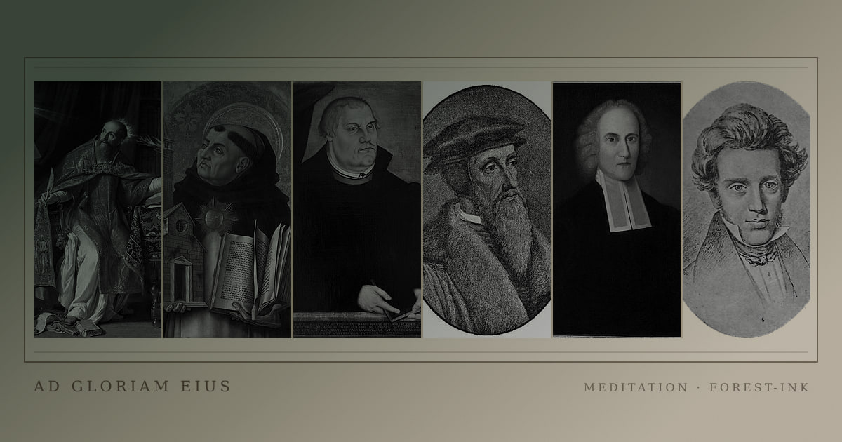 A gallery of historical theologians and philosophers printed in a coloured archival ink wash